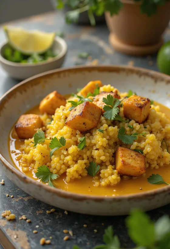 Misket limonlu ve körili tofu ile kinoa