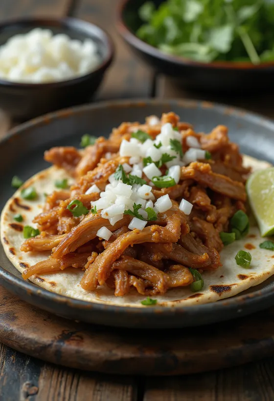 Sıcak tortillalarda servis edilen Pork carnitas