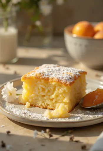 Altın sarısı pişmiş pirinç sufle, pudra şekeri serpilmiş ve meyve reçeli ile servis edilmiş