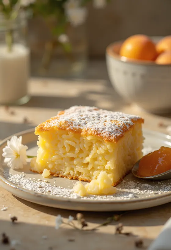 Altın sarısı pişmiş pirinç sufle, pudra şekeri serpilmiş ve meyve reçeli ile servis edilmiş