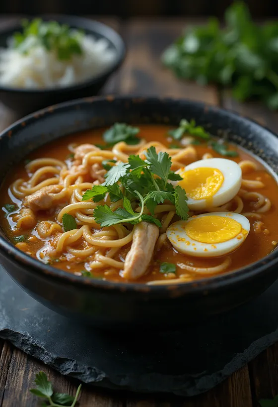 Sarawak laksa, baharatlı hindistan cevizi bazlı çorba, tavuk, erişte ve taze sebzelerle servis edilmiş.