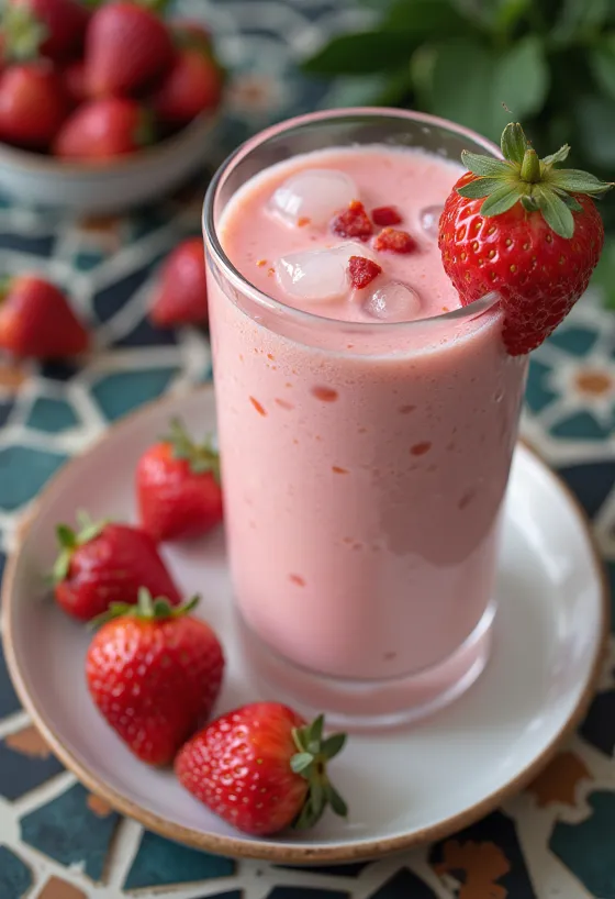 Buz küpleriyle servis edilen, pembe çilekli lassi