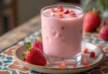 Buz küpleriyle servis edilen, pembe çilekli lassi