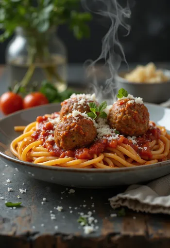 Servis edilmiş domates soslu makarna ve köfte