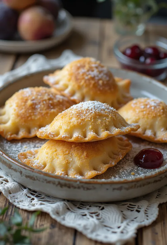 Taze pişmiş, kavrulmuş galeta unu serpilmiş erik marmelatlı derelye.
